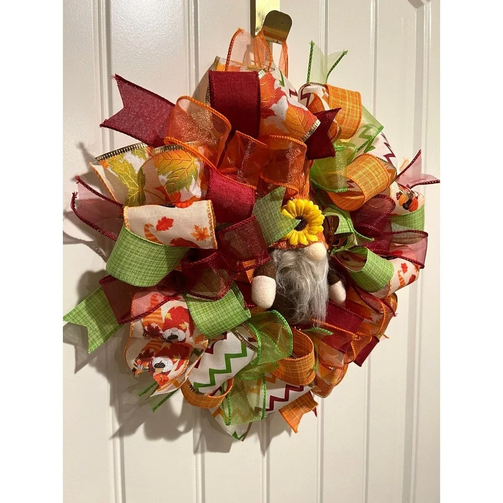 13 inch Ribbon Wreath Fall Autumn Thanksgiving Gnome MW6